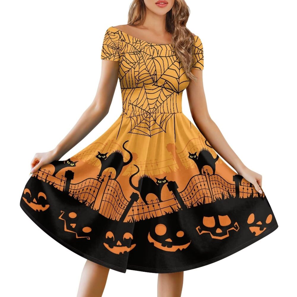 1643 Black Cat Halloween Dress Orange Halloween Costumes Funny Pumpkin Off